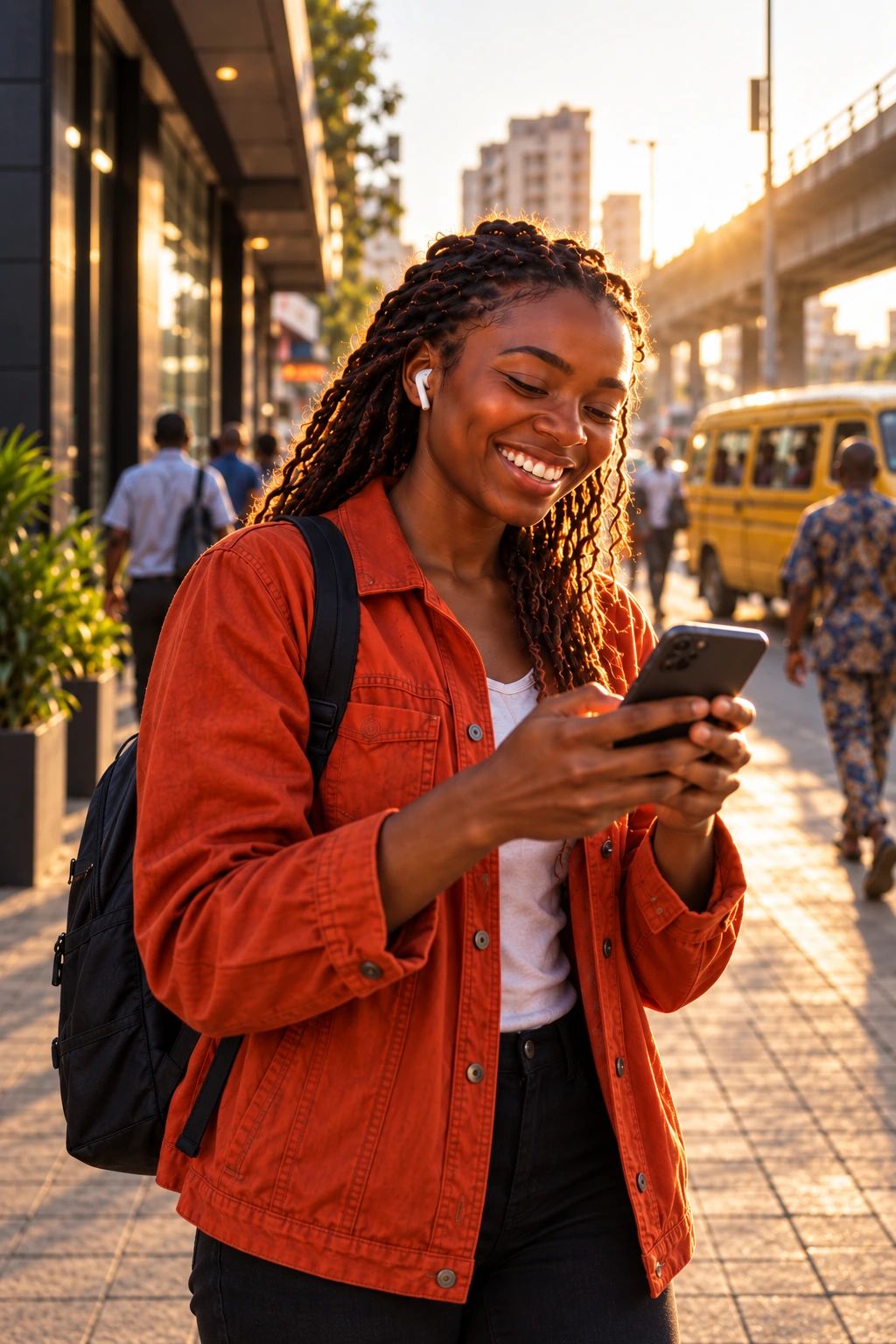 A young woman in a rust-red jacket smiling at her phone as she walks along a sunlit city street.