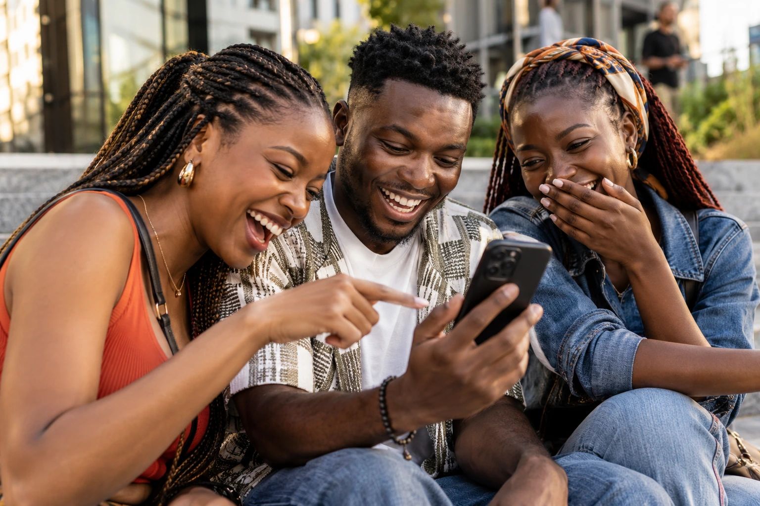 Three friends on outdoor steps laughing at something on one phone, one pointing at the screen.