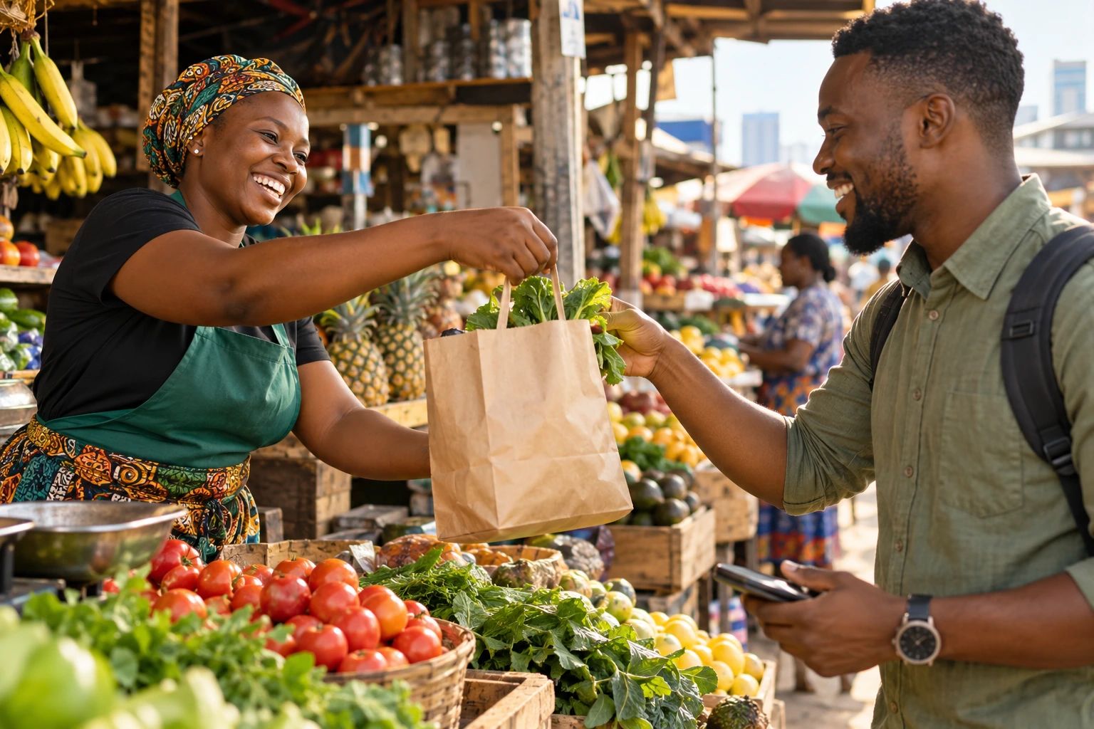 A market trader handing a bag of greens to a smiling customer who holds his phone.