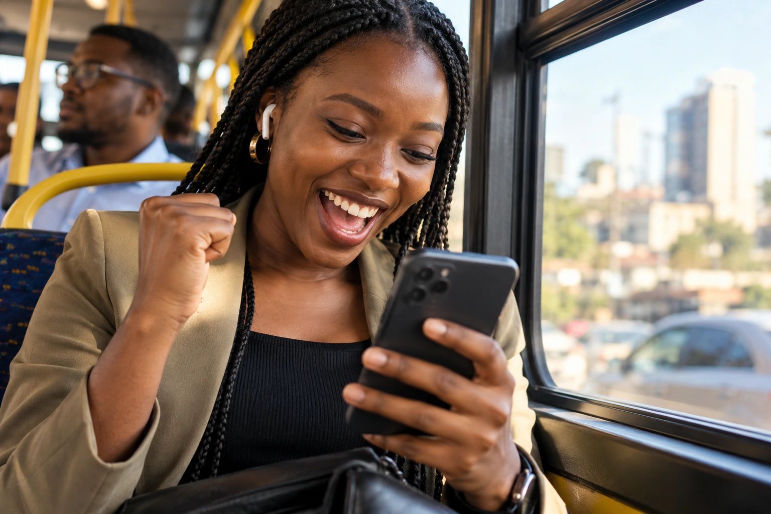 A young professional on a bus celebrating with a fist pump as she looks at her phone.